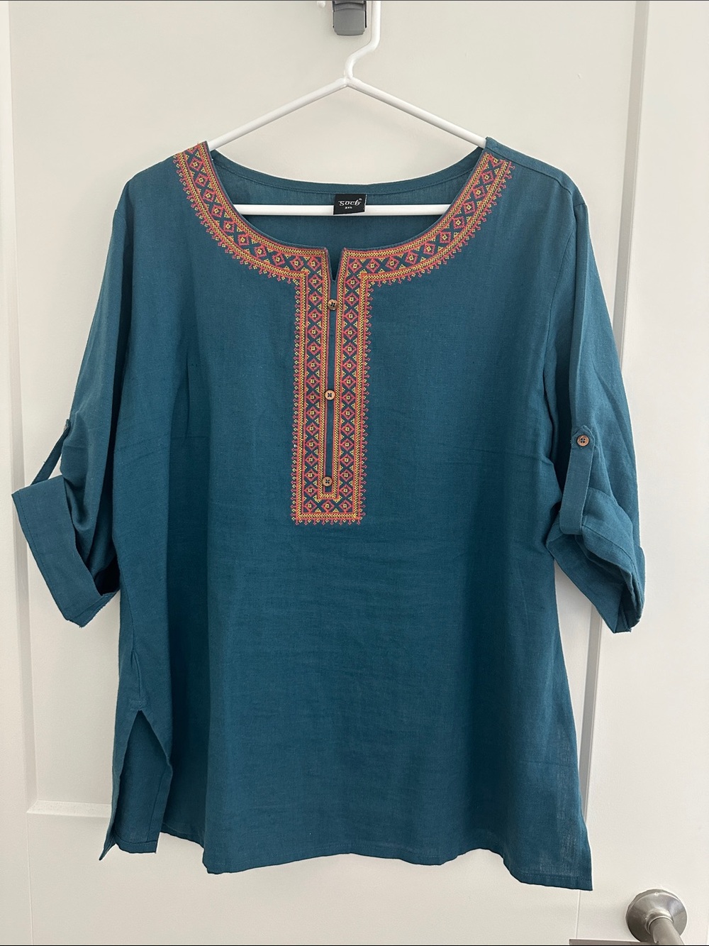 Teal Embroidered Split-Neck Women's Top